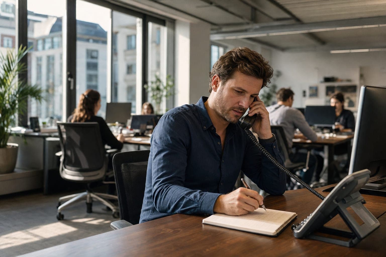 Recruiter im Büro am Telefon, daneben Notizblock und Tischapparat